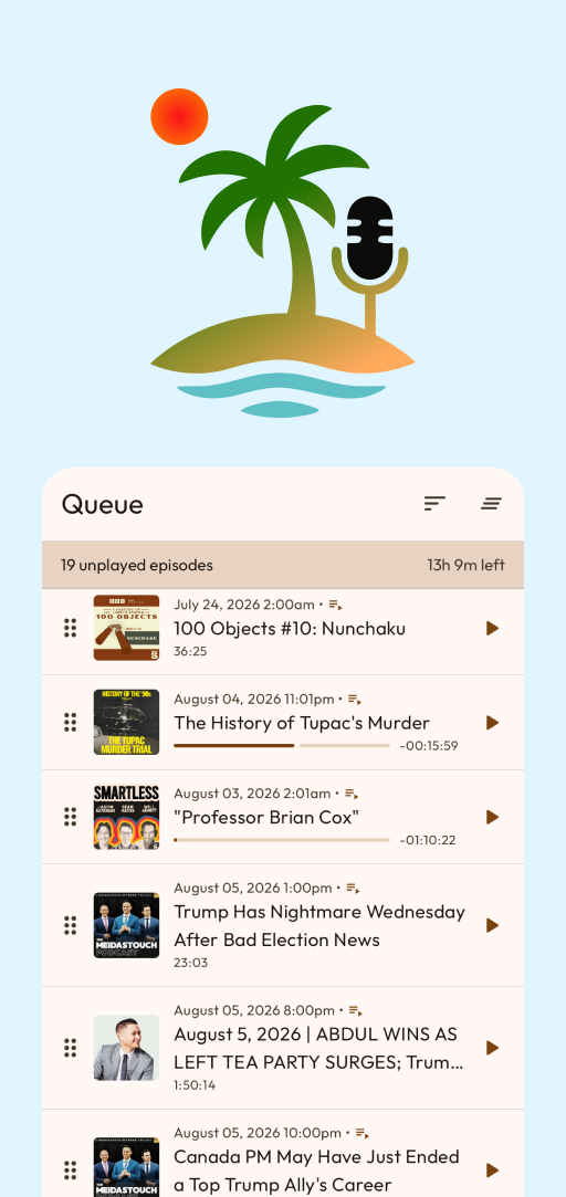Podtopia app screenshot showing the episode queue